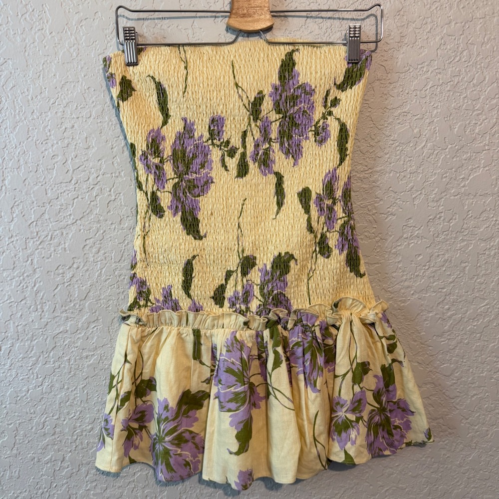 Peppermayo Floral Smocked Strapless Mini Dress Size 6 Yellow Purple Boho Summer - Picture 3 of 8